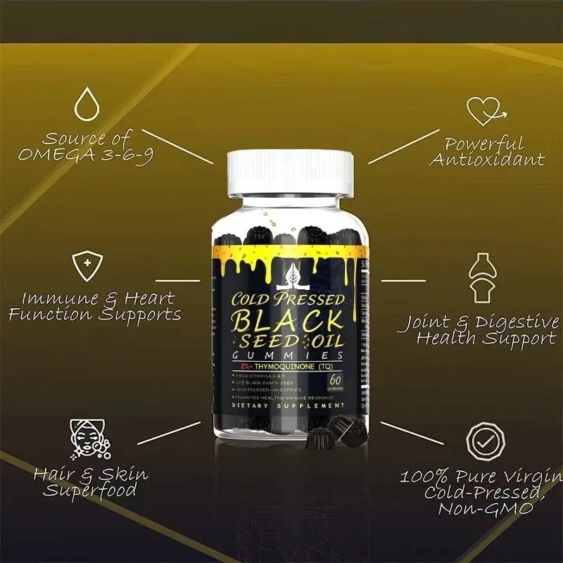 Natural Cold Pressed Black Seed Oil Gummies Containing Omega 3-6-9 for Joint Immunity, Antioxidant and Digestive Health