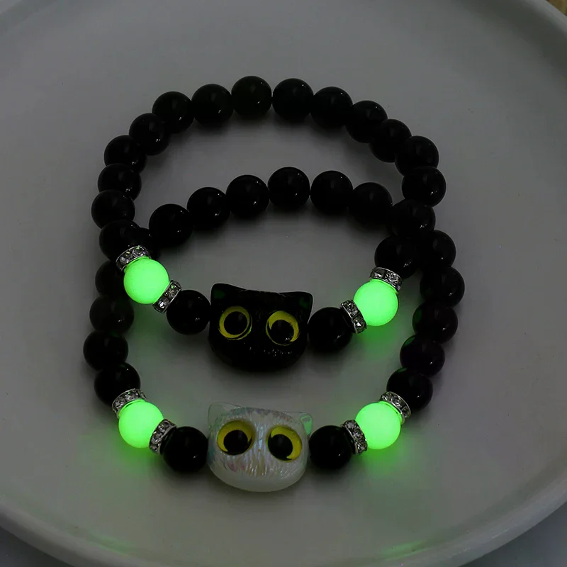 Big Eye Cat Luminous Bracelets For Women Cartoon Animal Pendant Beaded Hand Chain Friendship Couple Bracelet Jewelry Gift Cute