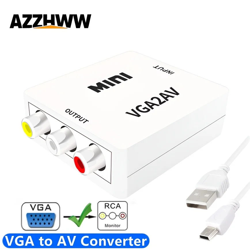 VGA to AV Converter Box 1080P VGA to RCA Audio Video Adapter Supports PAL and NTSC Output For PC Laptop to TV Display Projector