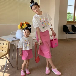 Summer Mother Kids Clothes Twill Pink Short Skirt Cartoon Cute White Short-sleeve T-shirts Fashion Parent-child Matching Outfits