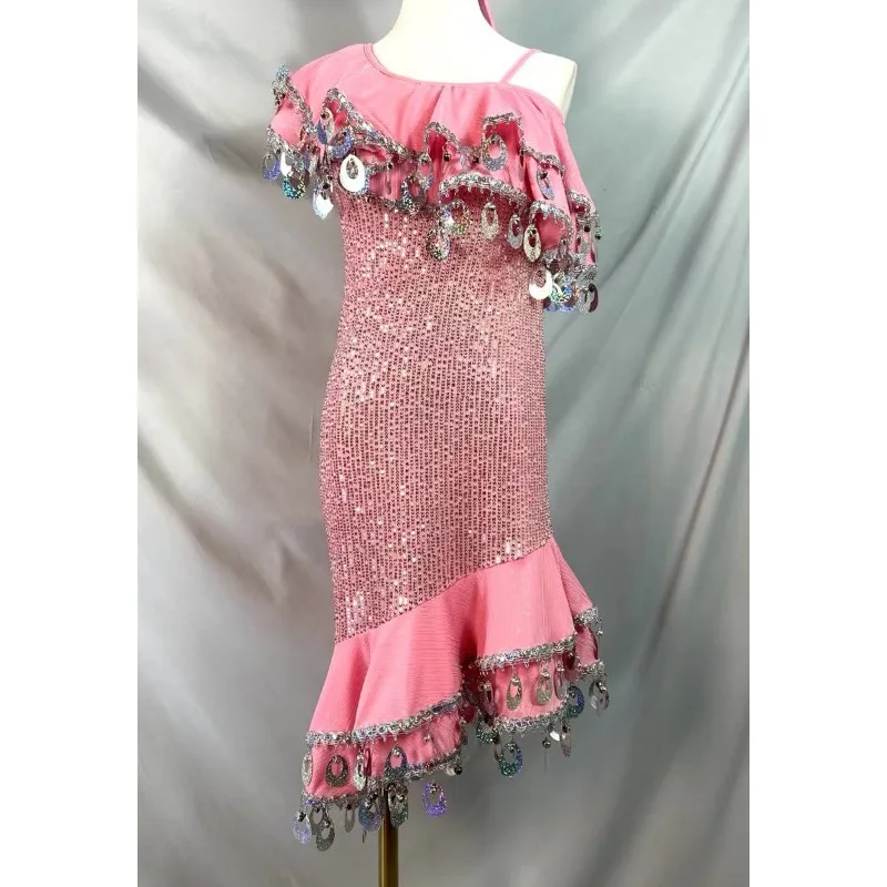 Melaya Dress Belly Dance Performance Costume Custom Adult Children Pink Sequined Oriental Competiton Clothing Melaya Skirts