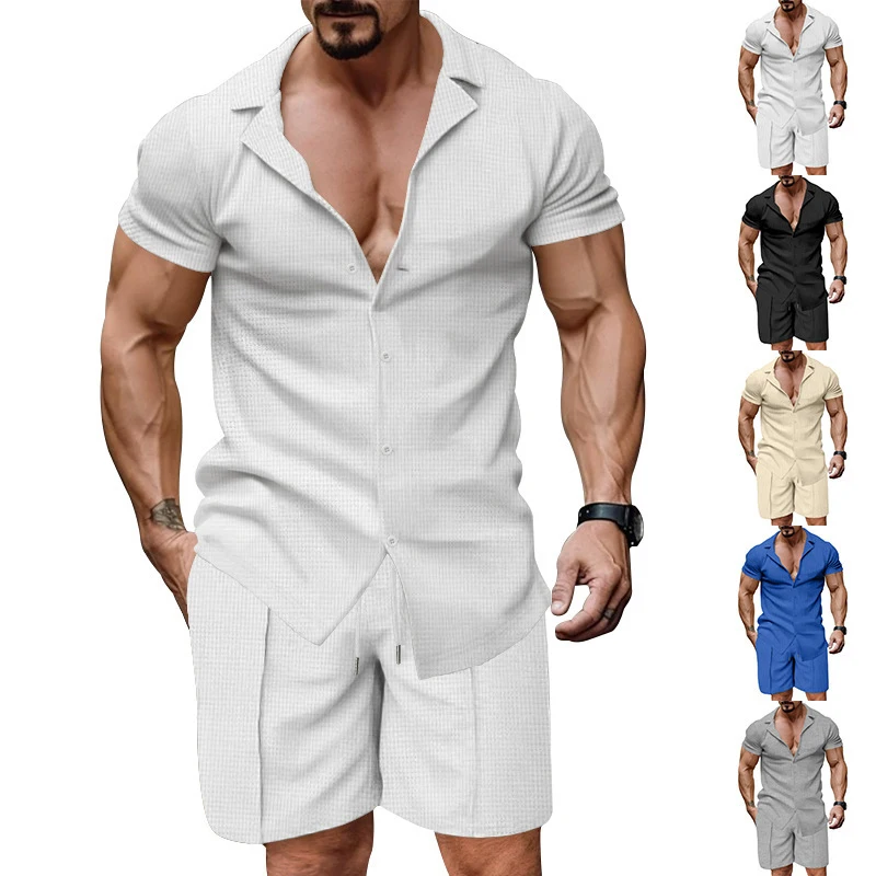 

Beach Leisure Breathable Waffle Outfits Men Casual Solid Color Two Piece Suits Fashion Short Sleeve Shirts And Shorts Mens Sets