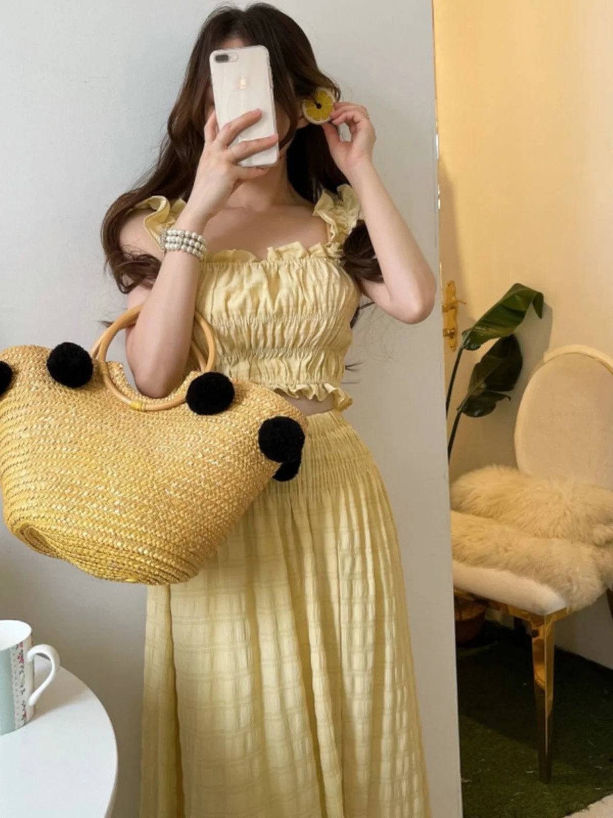 

Комплект из двух предметов: юбка с высокой талией, плиссированная, с оборками, на резинке, облегающая, из хлопковой ткани, летний, модный, 2023