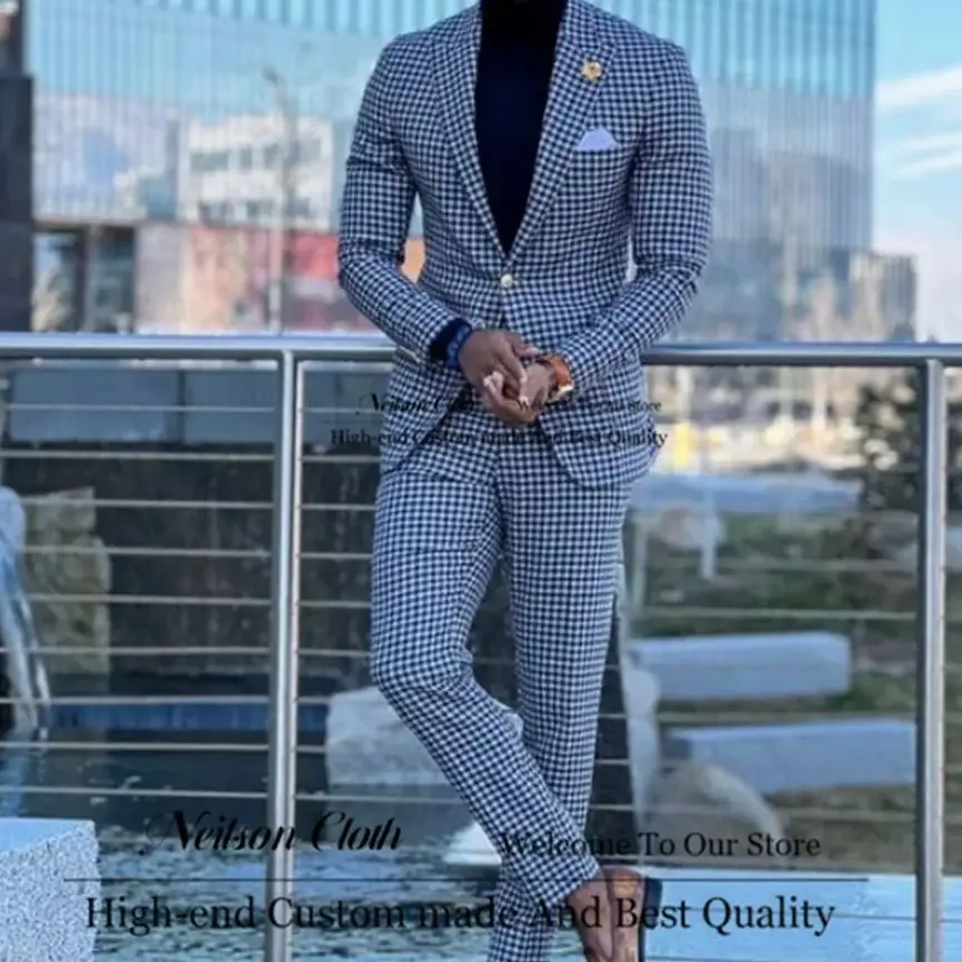 

Fashion Houndstooth Men Suits Peaked Lapel Male Prom Blazers 2 Pieces Sets Groom Wedding Tuxedos Slim Fit Office Terno Masculino