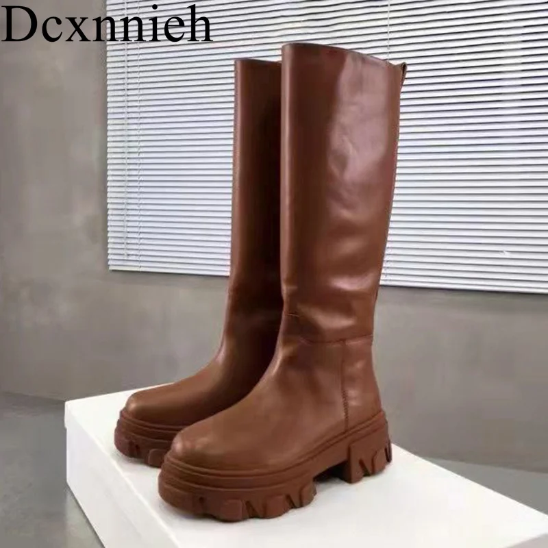 

Flat Thick Bottom Knee High Boots Women Round Toe Real Leather Long Booties Ladies Autumn Winter British Style Work Boots 2024