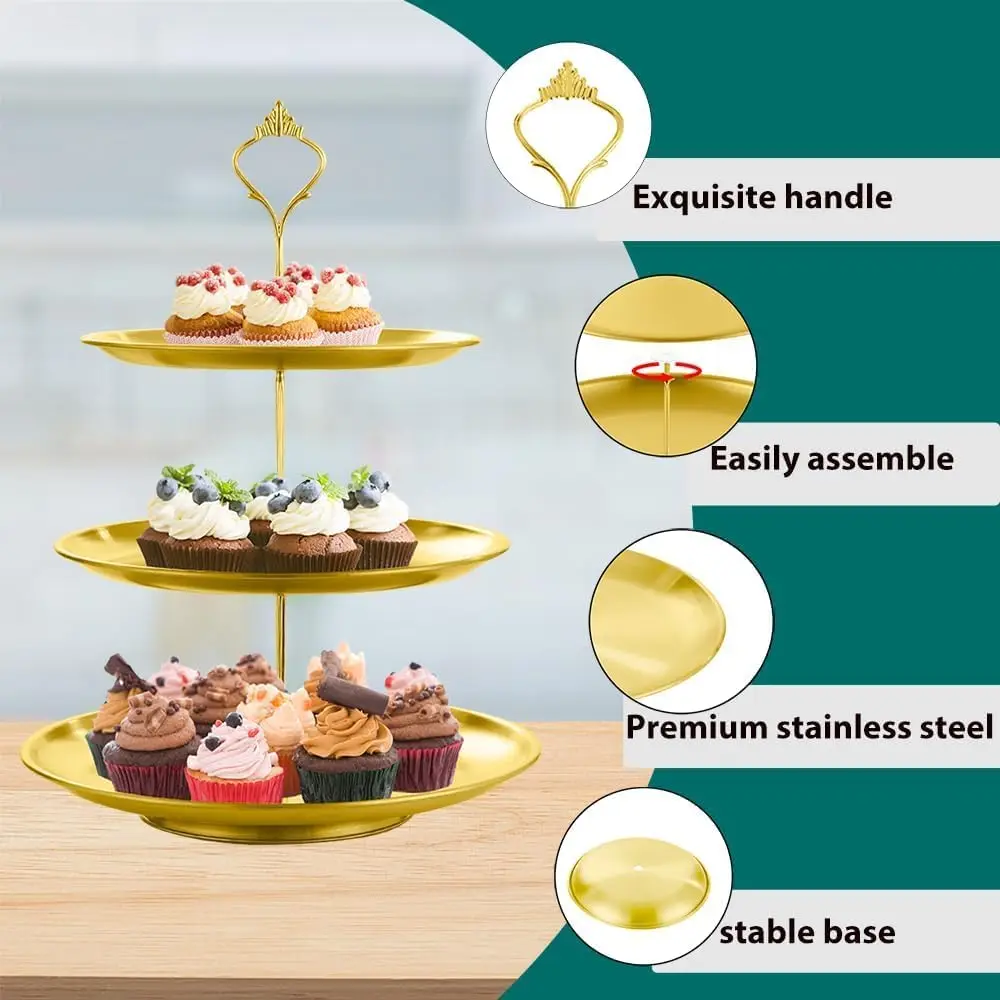3 Tier Gold Cake Stand 27cm, Christmas Party Dessert Tower for Cupcake Candy Display, Metal Serving Platter - Image 4