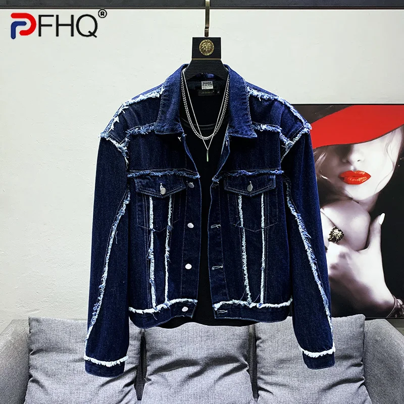 PFHQ 2023 Trendy Elegant Design Fur Edge Shoulder Pad Long Sleeve Denim Jacket Splicing Men\'s Spring Casual Short Coat Stylish