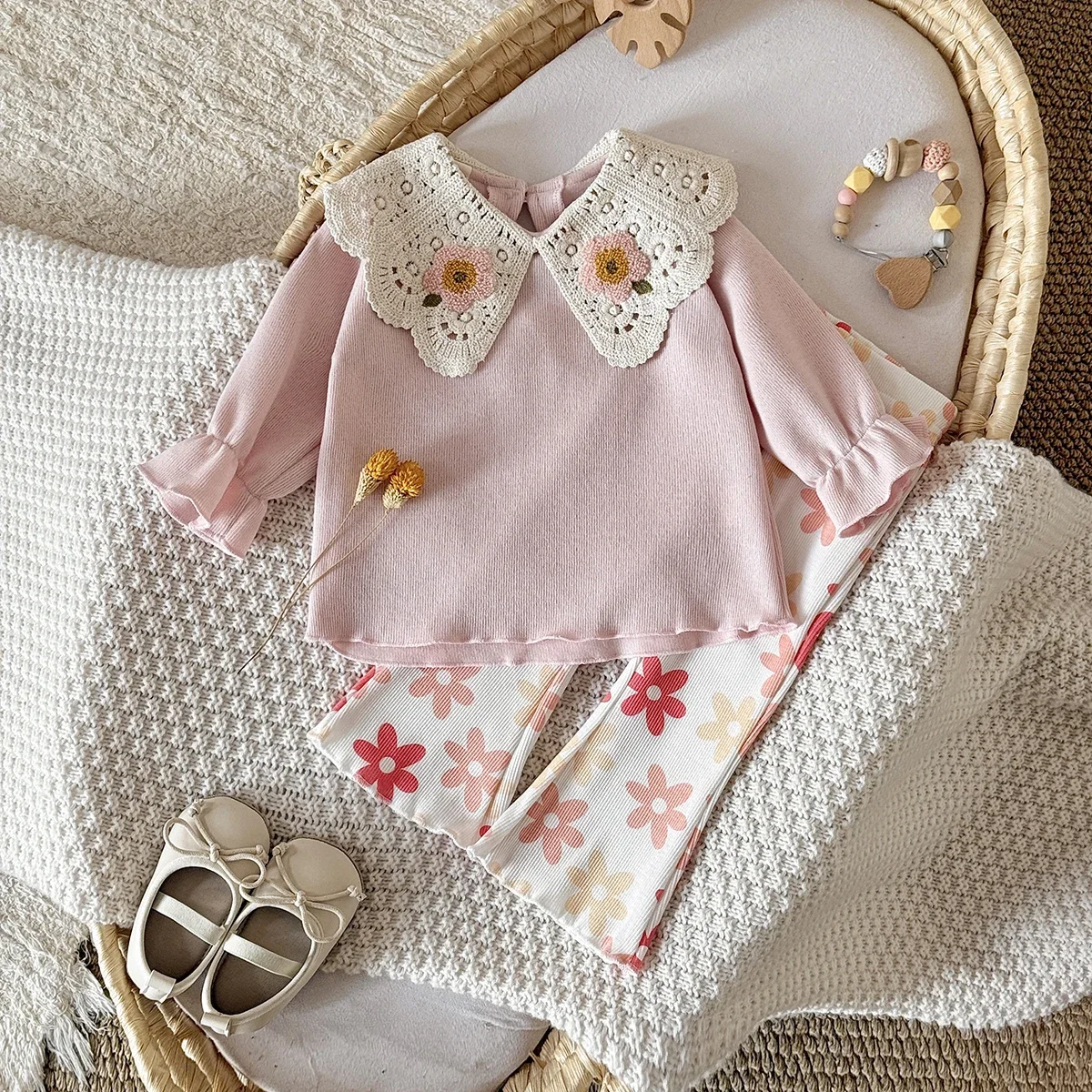 2PCS Cotton Baby Clothes Spring Autumn New Style Sweet Cute Flower Embroidery Lapel Pullover+Flower Printed Flared Pants