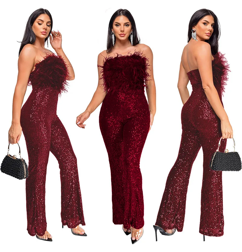 Jumpsuits Women One Piece Sequins Sleeveless Sexy Feather Overalls Long Pants High Waist Rompers Y2k Streetwear Jumpsuit