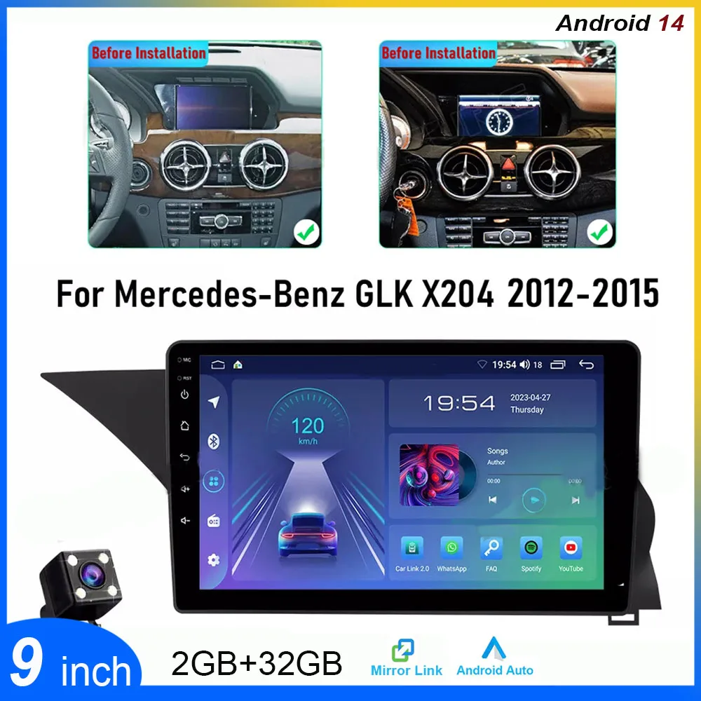 Android14 Car Stereo for GLK X204 2012-2015 2+32G fit for CarPlay Android Auto GPS Navigation 9in Car Radio Player Bluetooth