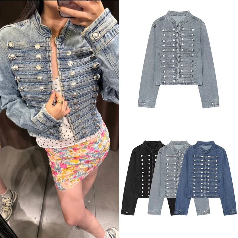 Guobioziy 2026 Autumn New Women's Short Denim Jacket Stand Collar Metal Buttons Decor Trendy Slim Fit Outerwear