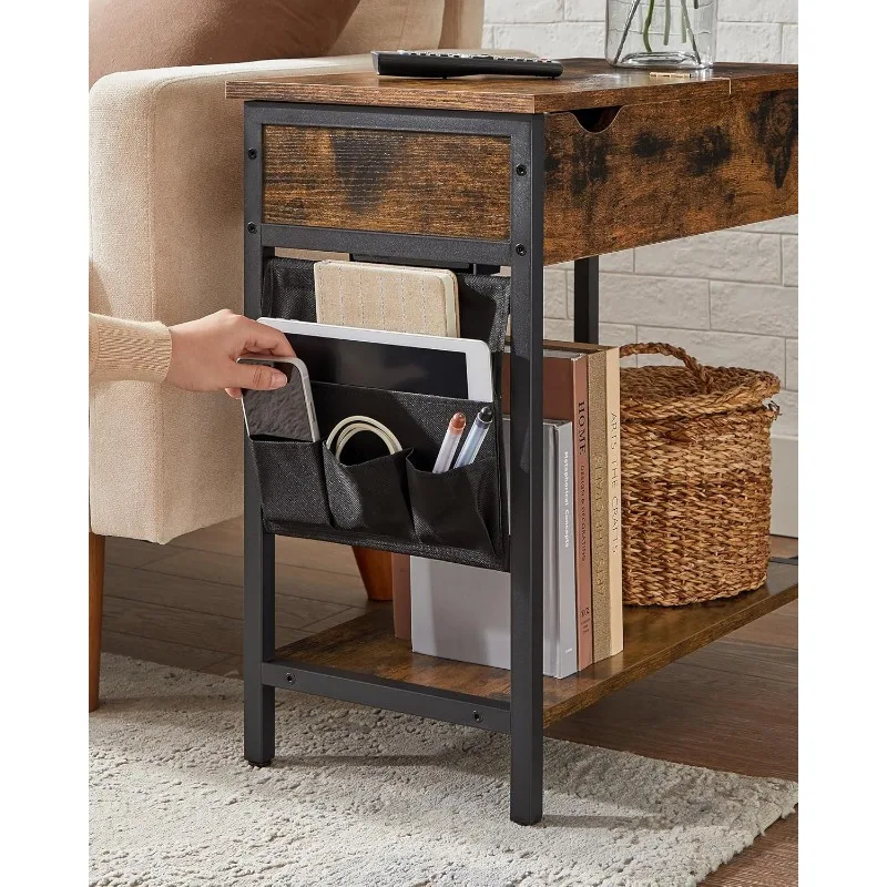 Side Tables with Storage, End Tables with USB Ports and Outlets, Nightstands with Charging Stations, Fabric Bags, for Living