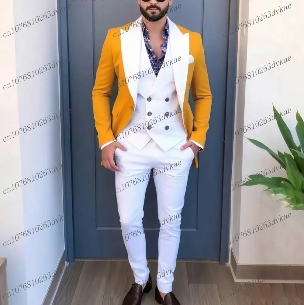 Nuevo traje Formal amarillo y blanco para hombres de negocios, novio, padrino de boda, fiesta de graduación, esmoquin para hombre, conjunto de 3 piezas, chaqueta, chaleco, pantalones