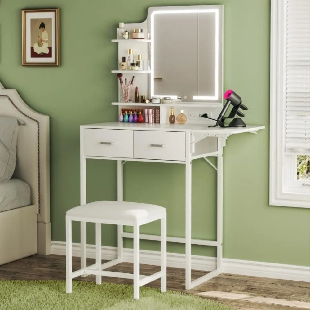 

Makeup Vanity Desk with Mirror and Lights, Small Vanity with Fabric Storage Drawer & Chair & Shelves, White Vanity with