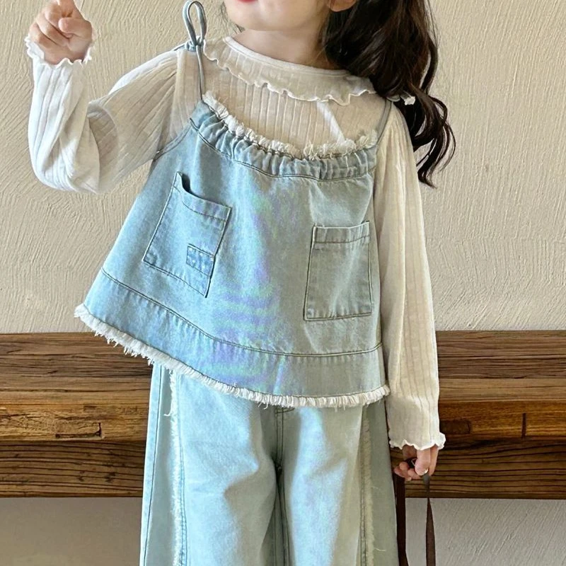 Girls' Suit 2024 Autumn New Western Style Baby Bottoming Shirt Denim Sling Wide Leg Pants Trendy Sweet Three-Piece