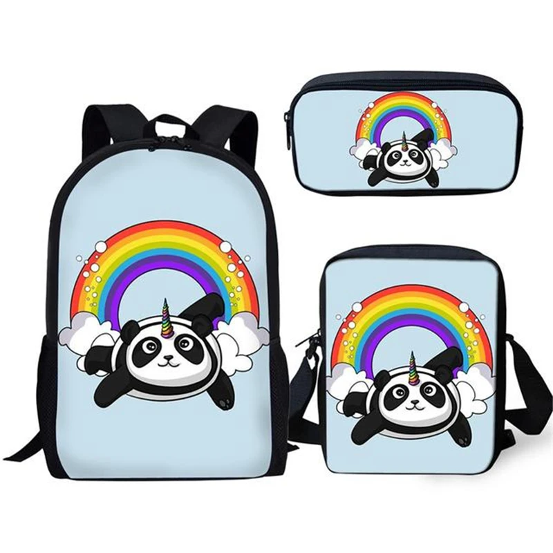 3 buah tas sekolah gambar kartun Unicorn Panda, tas ransel kasual pelajar, tas buku kampus, tas makan siang harian, tas pensil