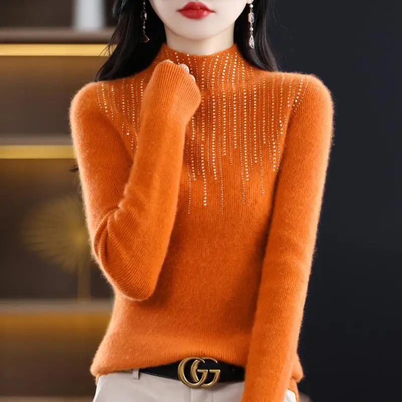 Elegant Stand Collar Solid Color Diamonds Sweaters Women's Clothing 2023 Autumn Winter Loose Korean Pullovers Office Lady Tops