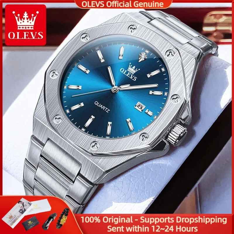 

OLEVS 3613, мужские часы, деловой календарь, многофункциональные водонепроницаемые часы из нержавеющей стали, модные синие элитные брендовые мужские часы