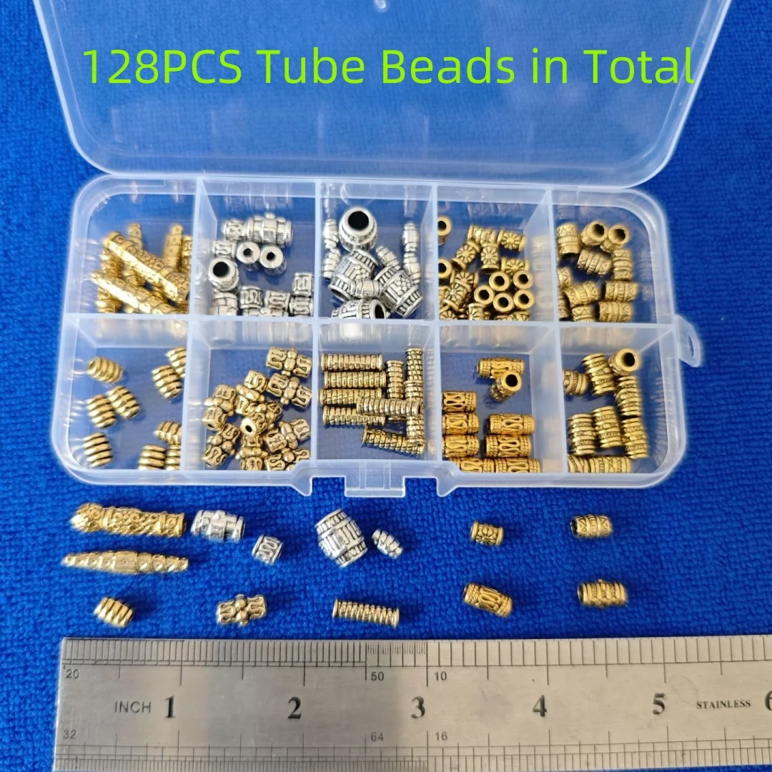 128PCS Antiqued Silver Gold Metal Assorted Tube Beads in Storage Box