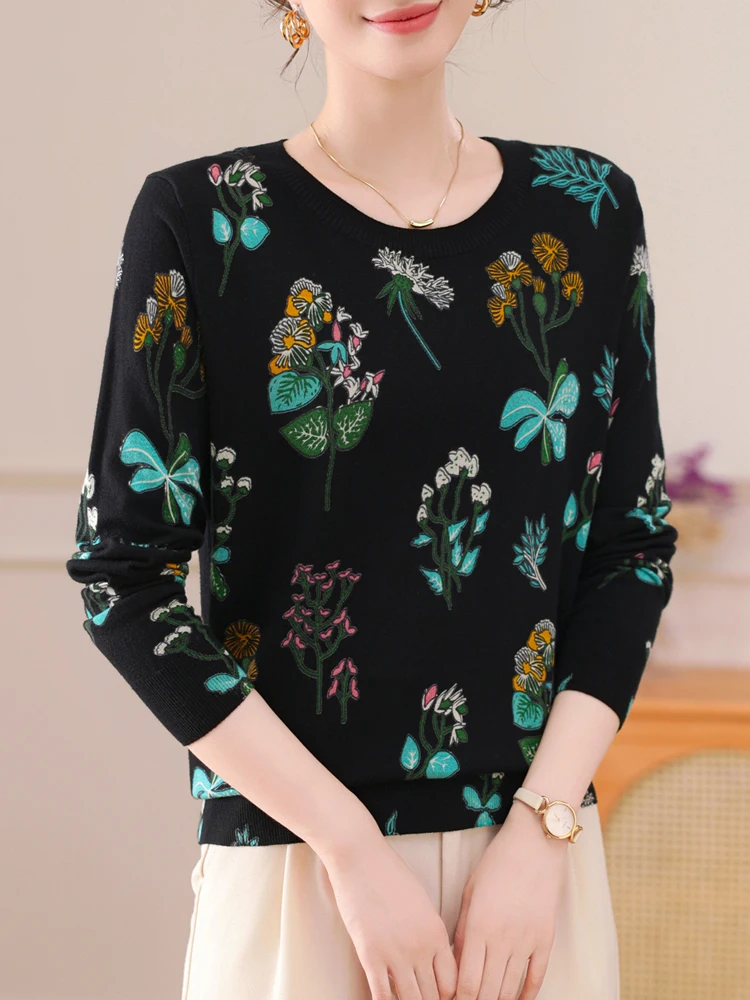 Floral Print Women\'s Sweaters Spring Autumn Thin Pullovers Long Sleeve Top Blusas Femme Soft O Neck Knitted Slim Sweater