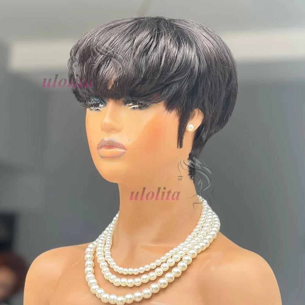 Kurze gerade Bob-Perücke, Pixie-Cut-Perücke aus Echthaar für schwarze Frauen mit Pony, brasilianisches Echthaar, ohne Lace-Front, günstige Perücke, schwarz – Detail 5