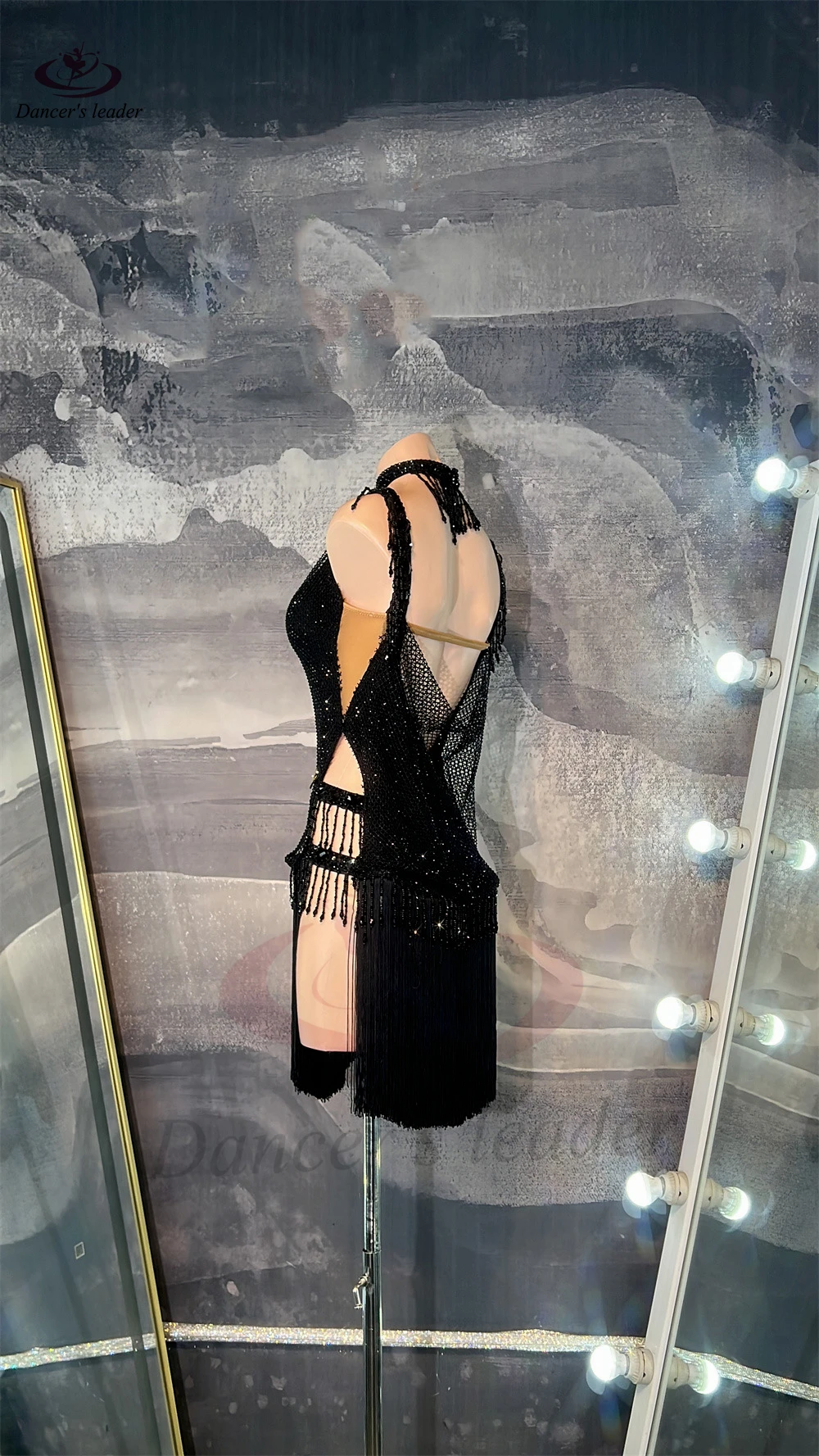 Vestido de baile latino AB Stone para mujer y adulto, vestido de flores de malla de diamante negro personalizado de gama alta, vestido de Samba de piscina negro