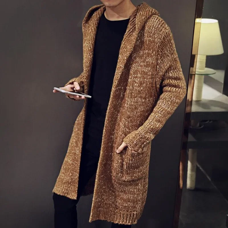 Autumn Winter Loose Long Mens Cardigans Sweaters Jumpers Mens Hooded Sueter Knit Sweater Jersey Sudaderas