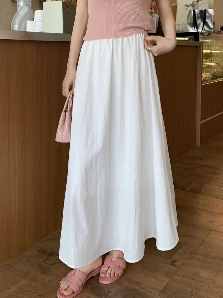 

Женская белая длинная юбка трапециевидной формы, летняя корейская мода, повседневная розовая, мятно-зеленая, с эластичной резинкой на талии, повседневные женские юбки, новинка 2023 года