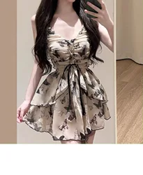 sexy Korean fashion conservative swimsuit one piece vintage butterfly print mini dress culottes bikinis padded swimwear biquini