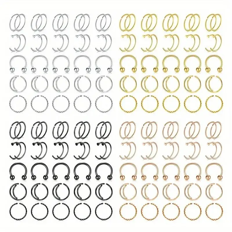 35pcs 16G 20G Nose Rings Hoops Stainless Steel Double Nose Ring Simple Classic Nose Piercing Jewelry For Women Men 6/8/10/12mm