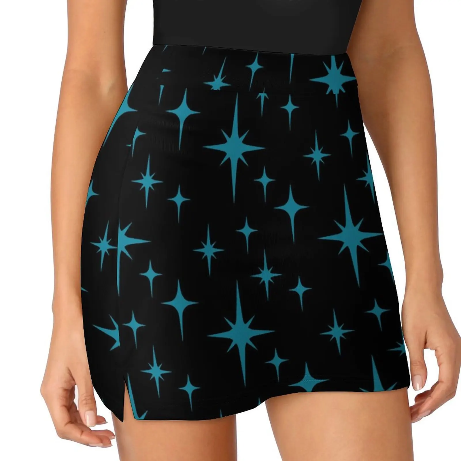 

Vintage Retro1950s Mid Century Modern Turquoise Blue and Black Atomic Starburst Mini Skirt women clothes Sexy mini skirt