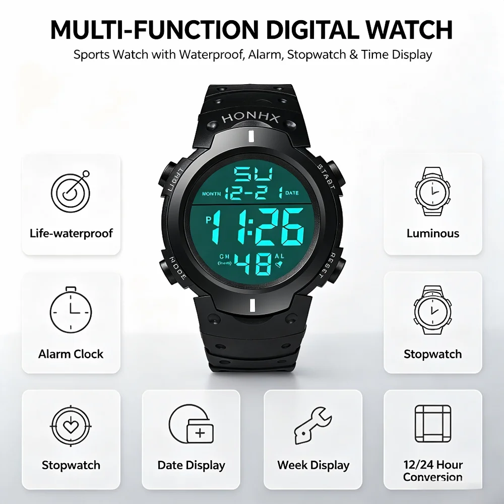 Men Sport LED Watches Men Digital Clock Multi-Functional Rubber Man Fitness Athlete Timekeeping Electronic Watch Reloj