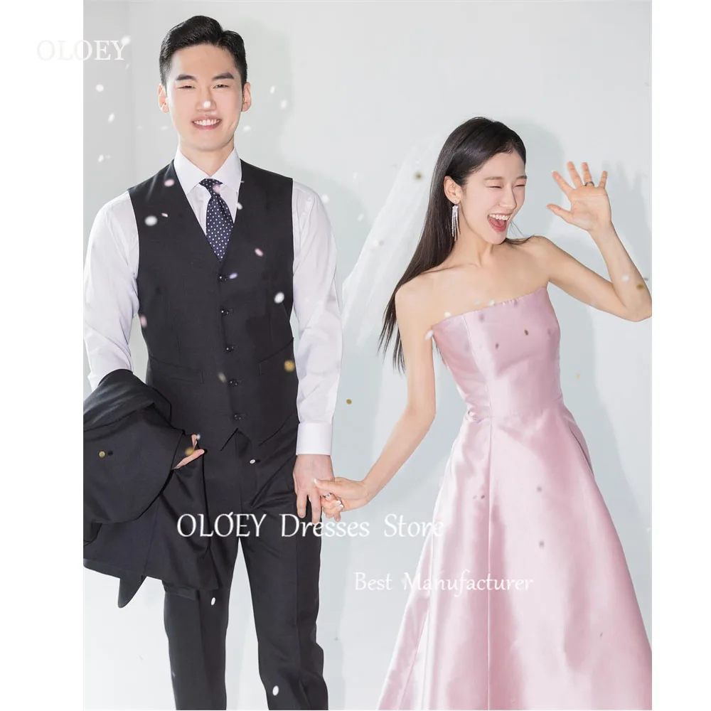 

OLOEY Simple Blush Pink Satin Evening Dresses Korea Wedding Photoshoot Strapless Floor Length Formal Party Dress Corset Back