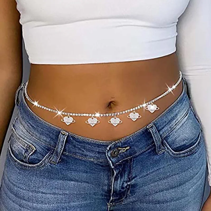 Cadenas de vientre de corazón de melocotón de cristal brillante, joyería de cuerpo de diamantes de imitación geniales, cadena de cintura estética de los años 90, accesorios Y2K, moda Sexy