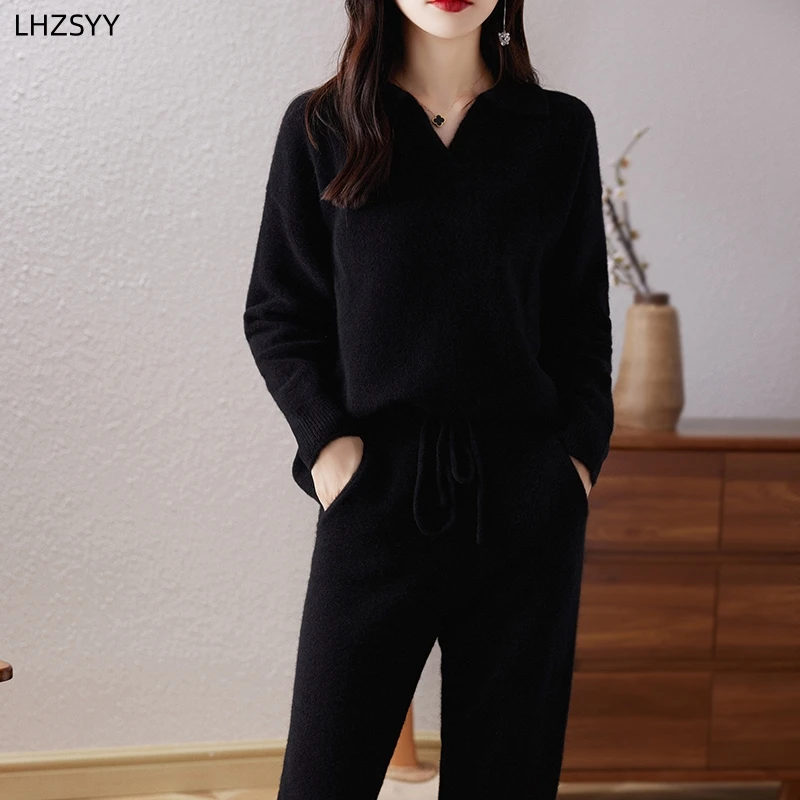 Imagem -04 - Conjunto Lhzsyy Pure Cashmere para Senhoras Suéter de Lapela Calça Casual de Cashmere com Pés Pequenos Novo Peças Outono e Inverno