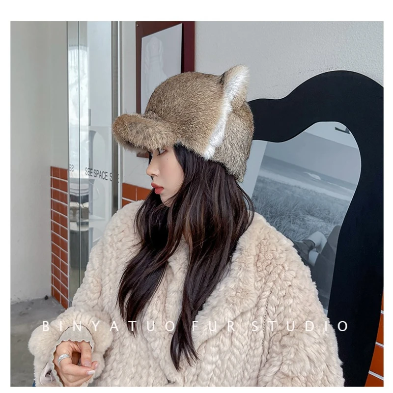 

2025 зимняя модная брендовая шапка из натурального кроличьего меха для женщин, толстая шапка из русского натурального меха, головные уборы, зимние теплые шапки-бини