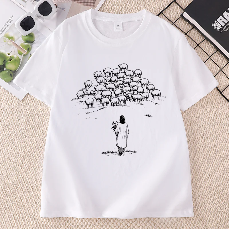 Christian Good Shepherd T-Shirt Men Women Jesus and Sheep Tee Bible Verse T Shirt Religious Short Sleeve Woman Clothing