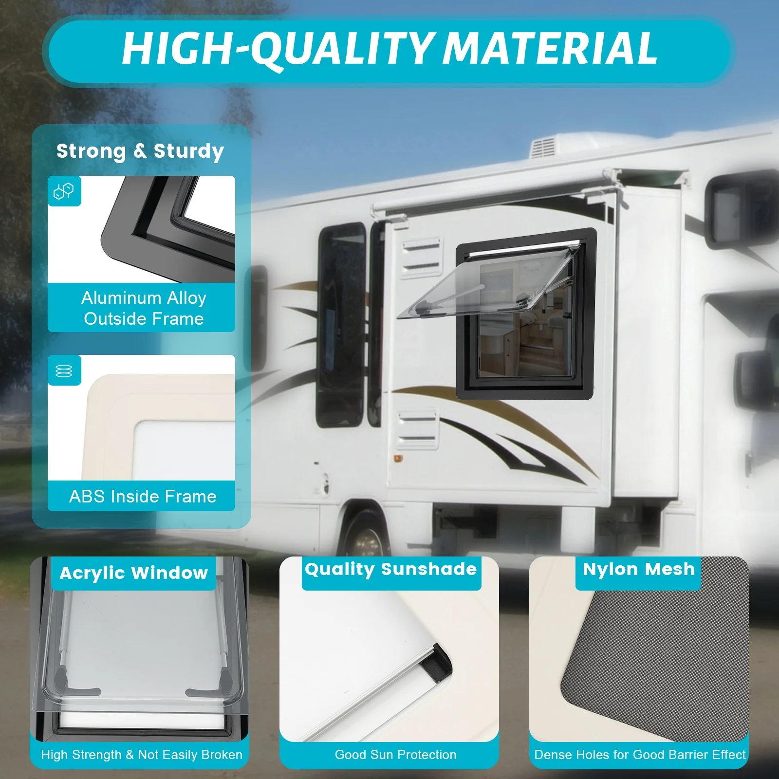 Fenêtre de ventilation coulissante pour caravane 17,72*19,69 pouces avec cadre intérieur et pare-soleil pour camping-car et caravane