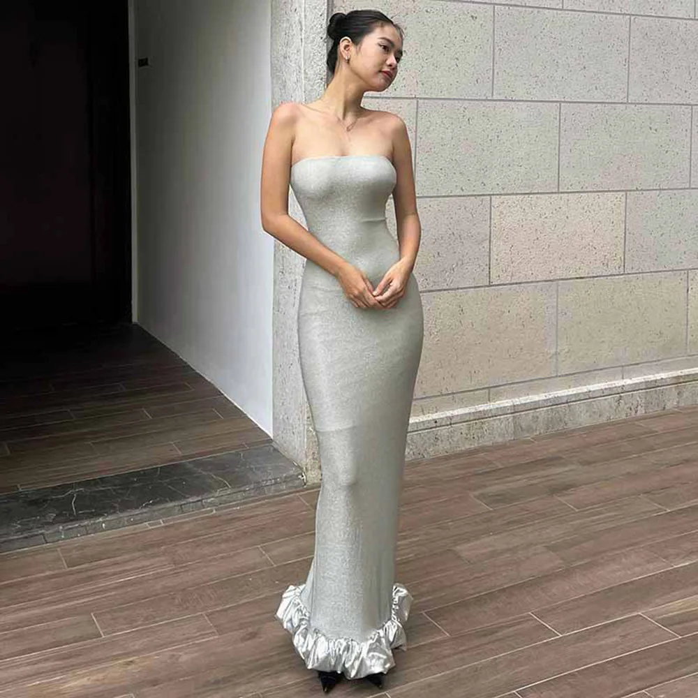 Women's Silver Sexy Slim Fit Strapless Evening Dress Ankle-Length Ruffled Edges Design Party Gown Light Luxury Female Vestido