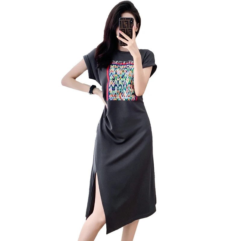 Women Cotton T-shirt Dresses Summer Female O Neck Short Sleeve Large Size Elegant A Line Black Gray Printed Split Slim Vestidos