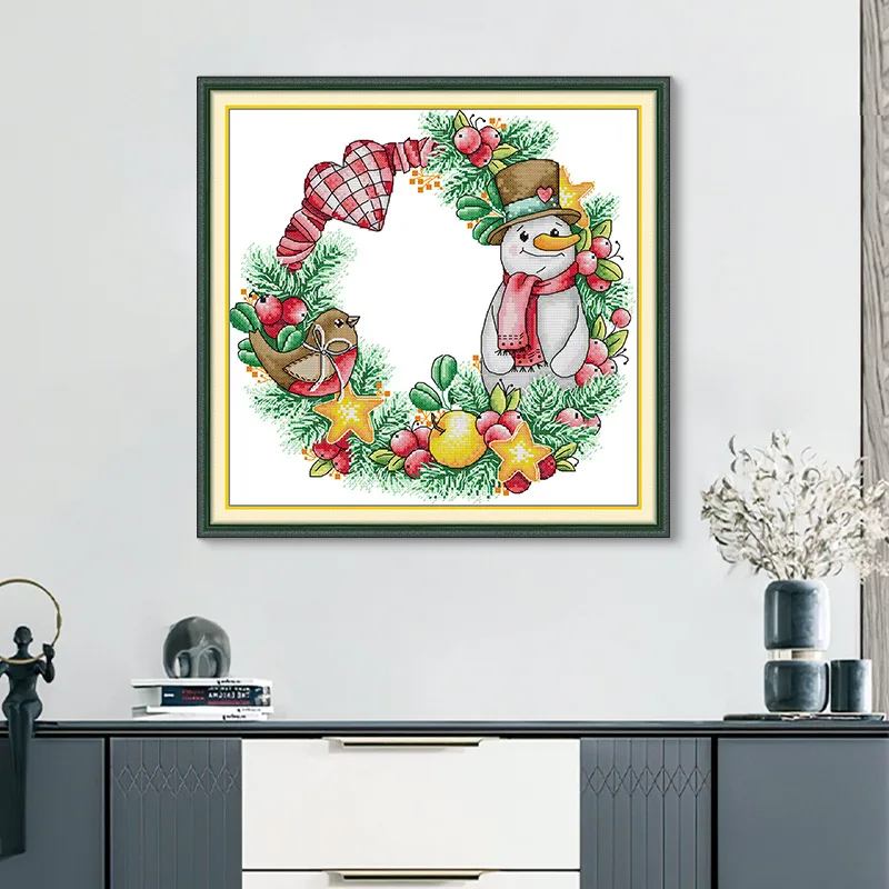 

Joy Sunday Pre-printed Cross Stitch Kit Easy Pattern Aida Stamped Fabric Embroidery Set-Christmas Snowman Wreath