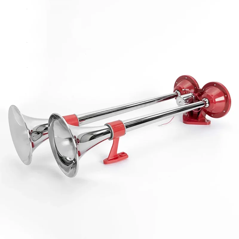 

Грузовик 2025 года, 12 В, 24 В, двойная трубка, газовый рожок из нержавеющей стали, водонепроницаемый, длина 65 см, металлический универсальный свисток, супер громкий рожок
