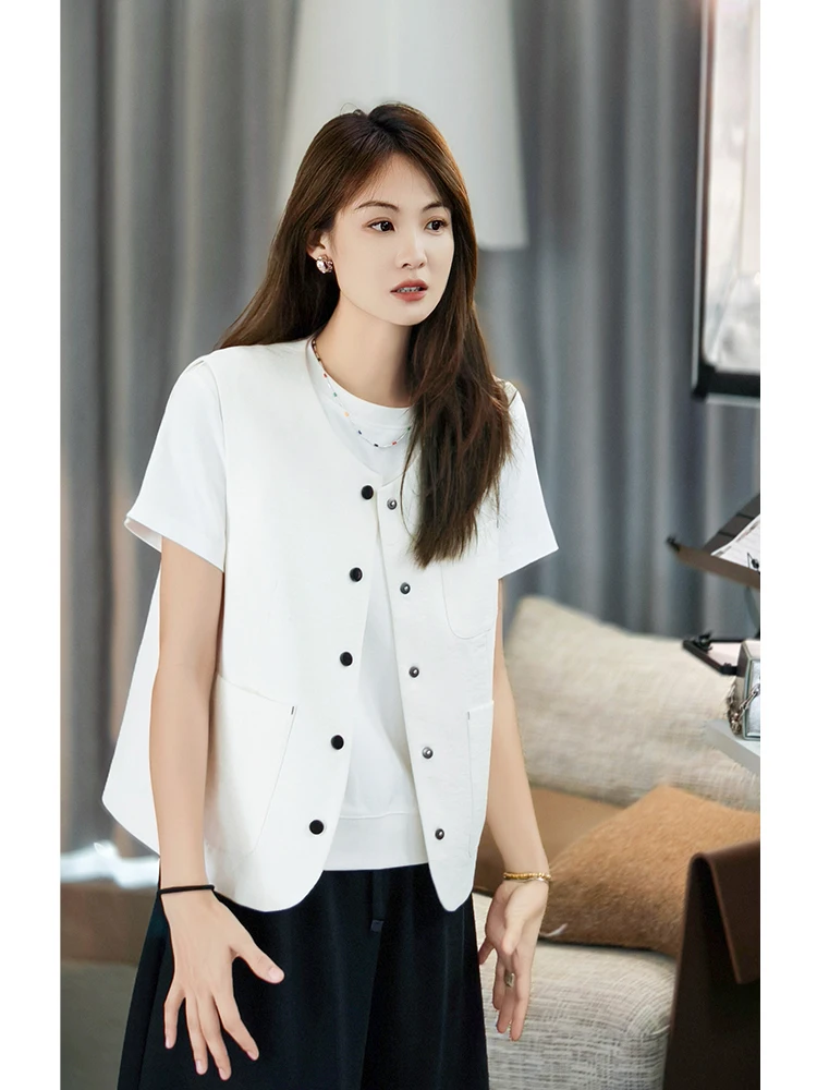 

Жилет MeiYang Bla Bean с ажурным плетением, диагональным круглым вырезом, из смесового полиэстера, летний, модный, универсальный, на пуговицах