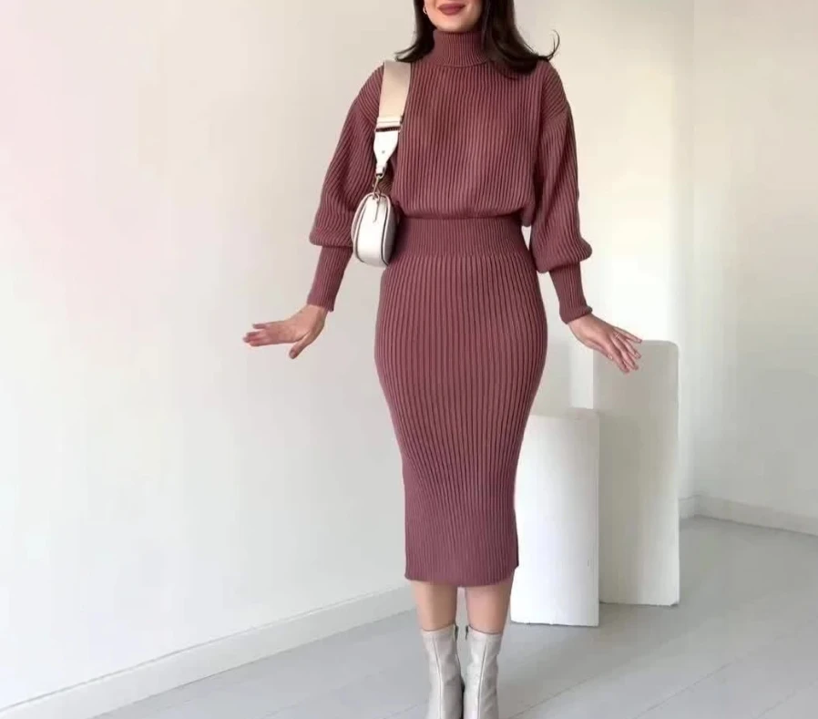 Lazy style solid color high neck slim fit sweater solid color long sleeved top tight knit skirt set for women, two-piece skirt s