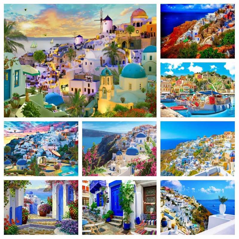 European Greece Santorini Island Scenery Diamond Art Painting AB Drills Aegean Seaside House Landscape Mosaic Cross Stitch Decor