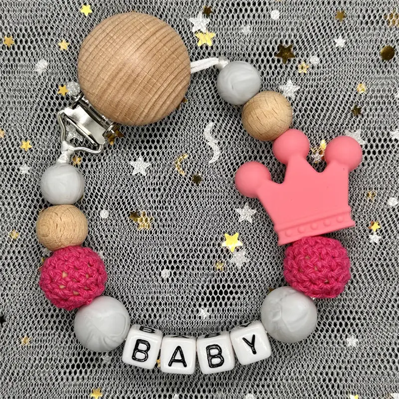 Free Personalized Name Handmade Silicone Baby Wooden Dummy Pacifier Clip Safe Teething Chain Teether Pacifier Chain Holder Chain