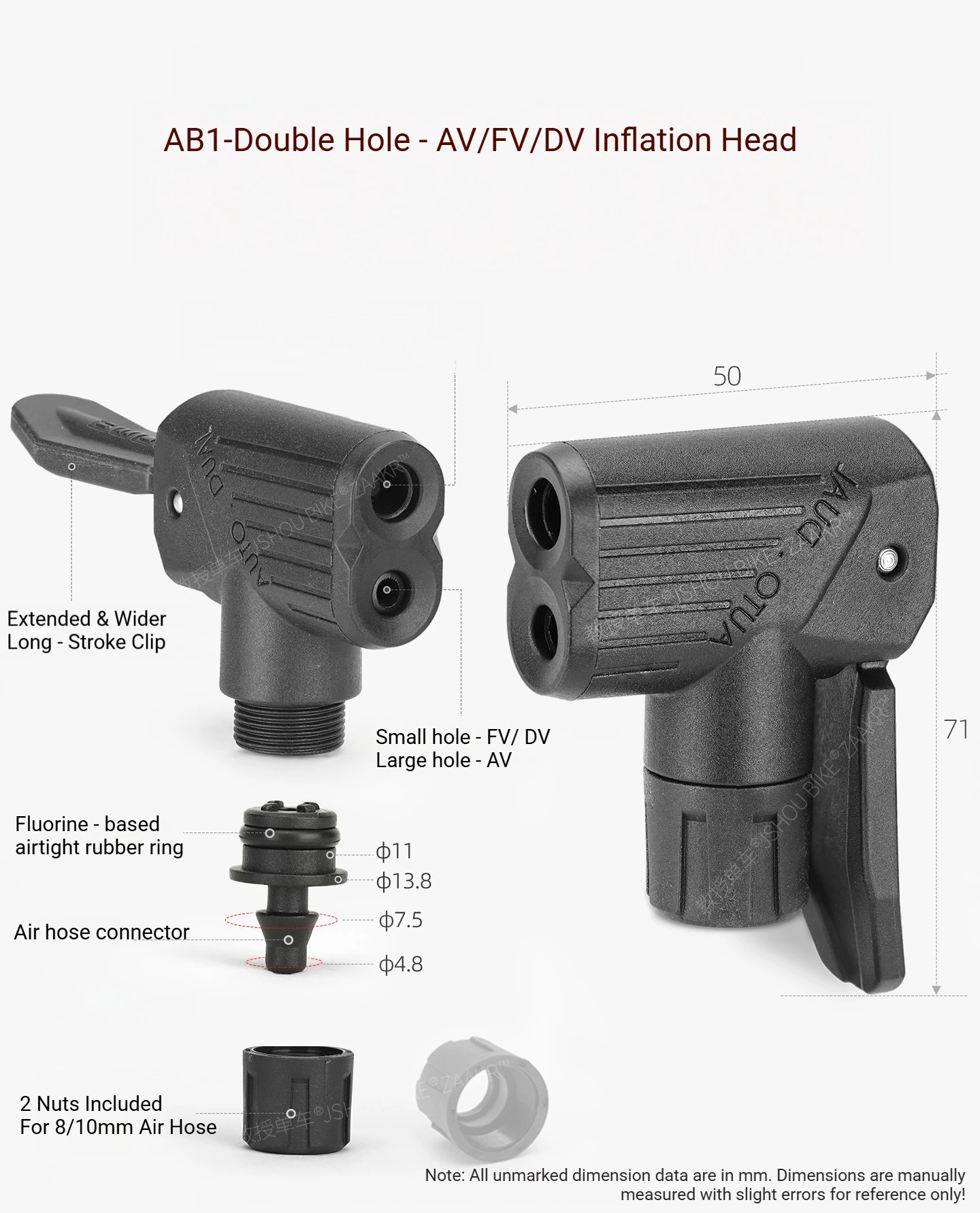 JSHOUBIKE Pumpenadapter, passend für 3 Ventile (Schrader/Presta/Dunlop), kompatibel mit 8/10 mm Schlauch, Ersatz für manuelle und elektrische Pumpen – Detail 12