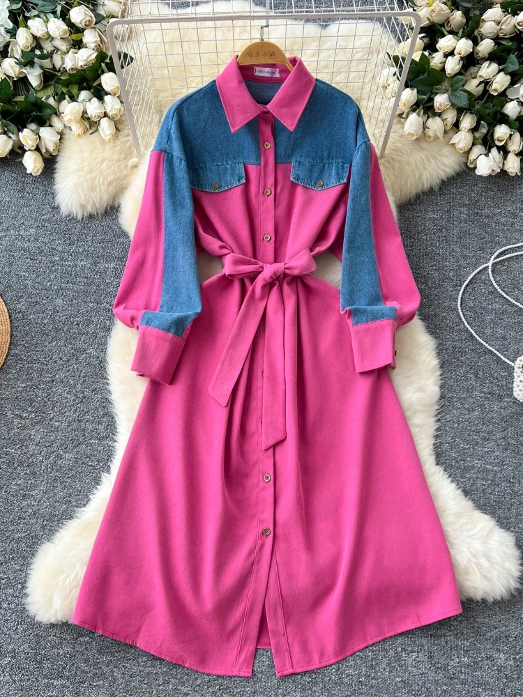 

Women Casual Elegant Street Style Shirt Dress Autumn Denim Splicing Fake Two-piece Strap High Waist Slim A-line Dress for Women