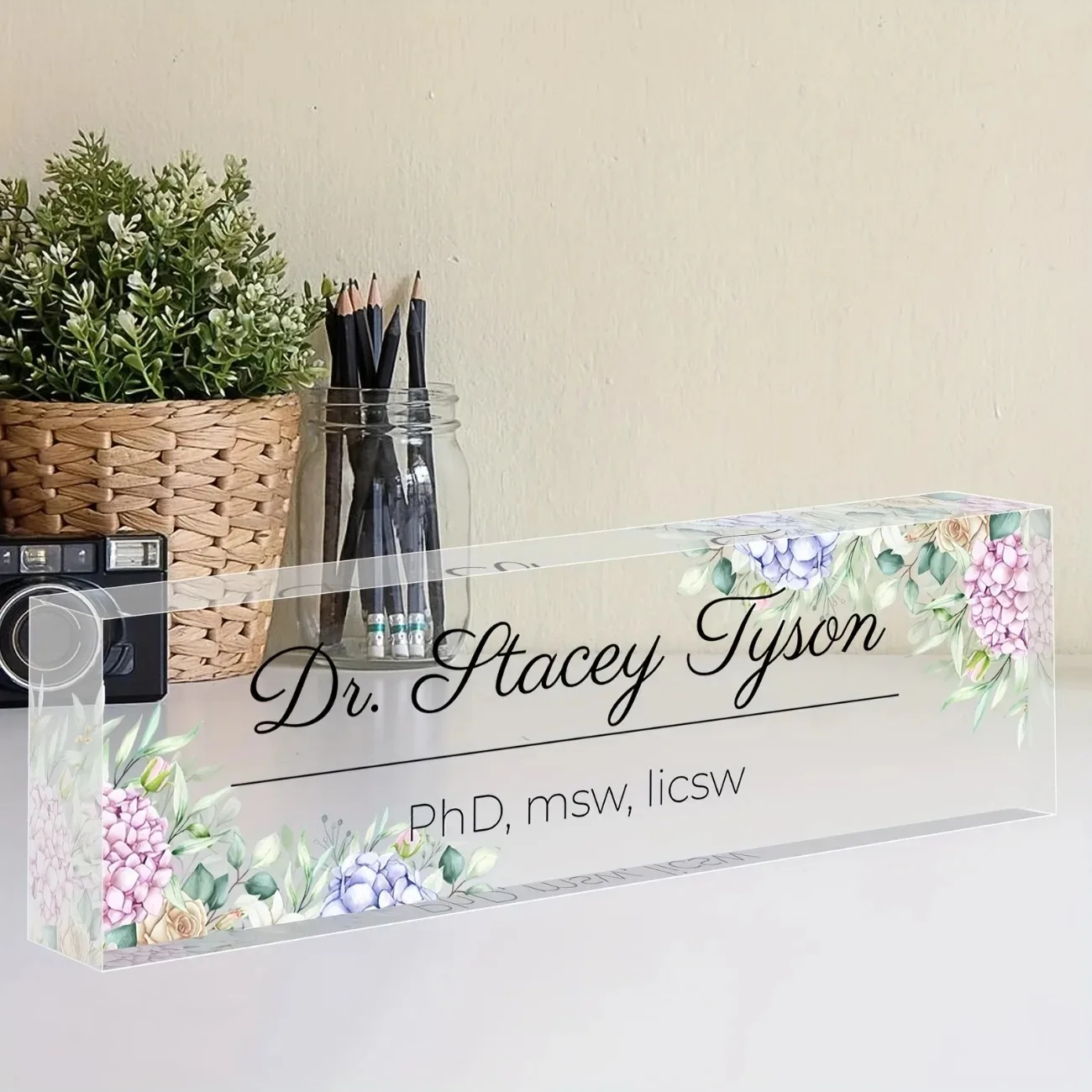 

2D Flat Transparent Acrylic Teacher Desk Nameplate Custom Personalized Elegant Office Home Decor Gift