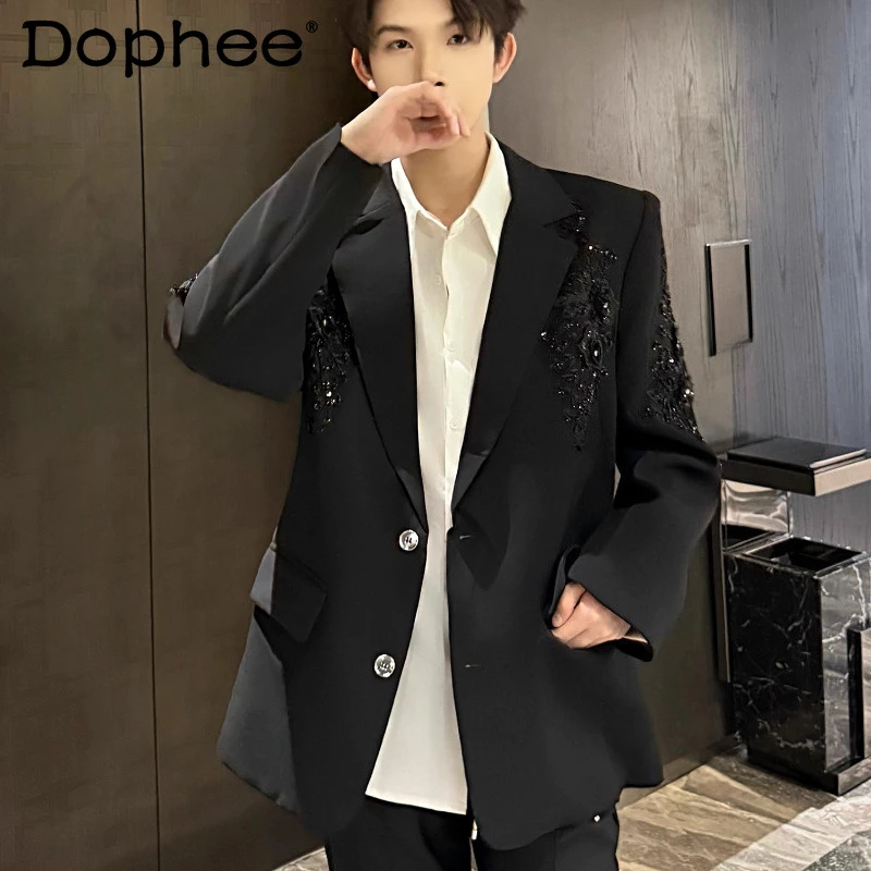 

Solid Color Blazers Men 2025 Summer New 3D Embroidery Sequin Design Tailored Coats High-End Light Luxury Trend Chic Suit Jackets